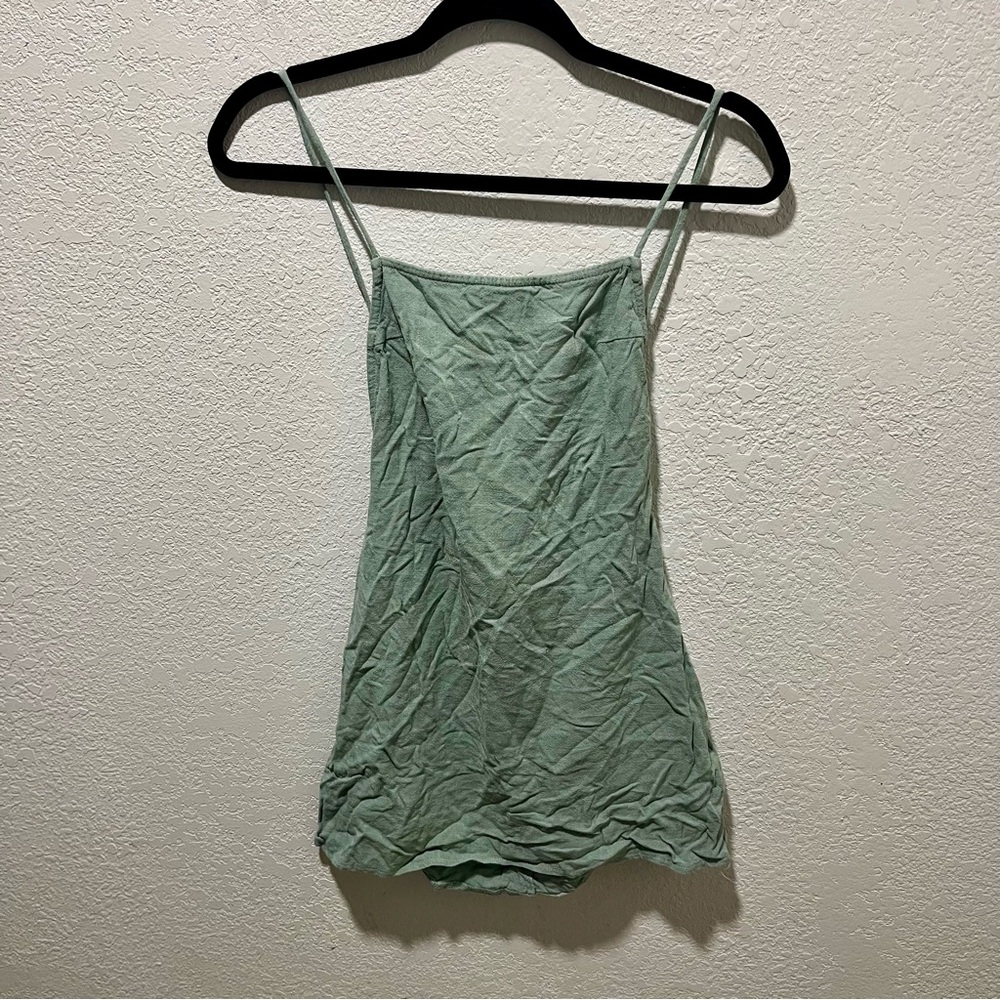 Princess Polly Sage Green Thin Spaghetti Strap Back Tie Linen Blend Mini Dress